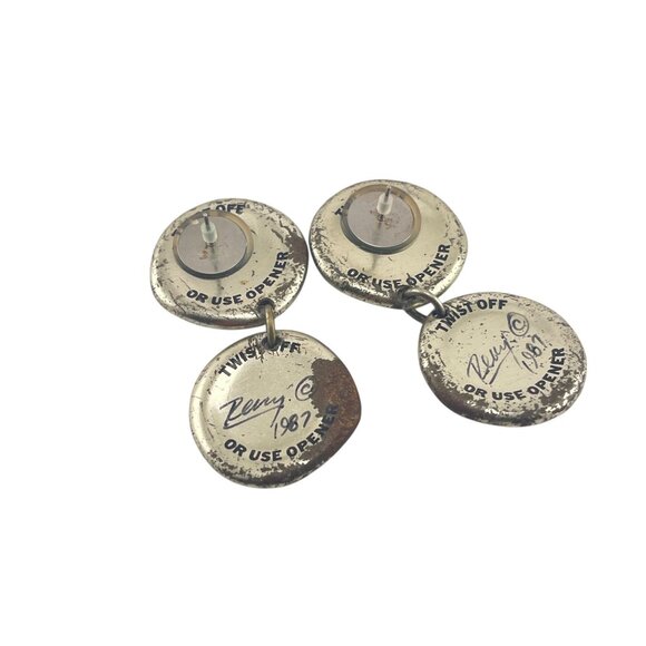 Vintage 1987 Zeny C. Iridescent Bottle Cap Drop Earrings - Picture 5 of 9